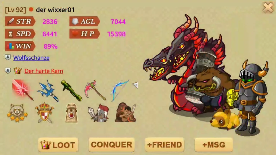 Avatar Fight character profile with equipped hero, pets, stats and weapons